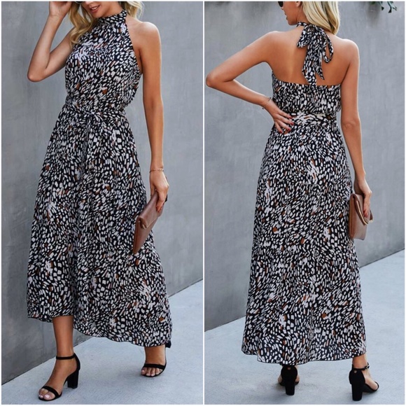 Dresses & Skirts - Boho Leopard Print Dot Halter Belted Midi Dress
